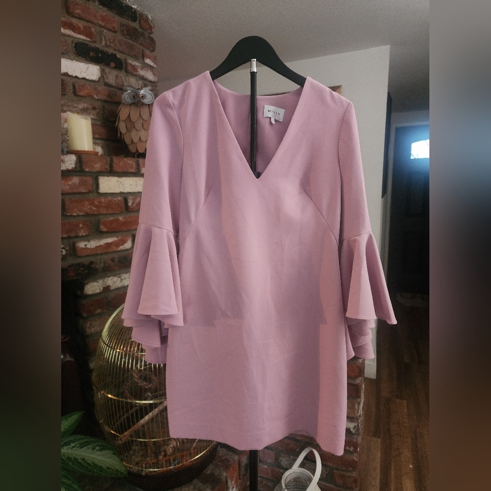 Milly Pink Mauve Bell Sleeve Shift Dress | Flounce Sleeve V-Neck Mini - Picture 2 of 13